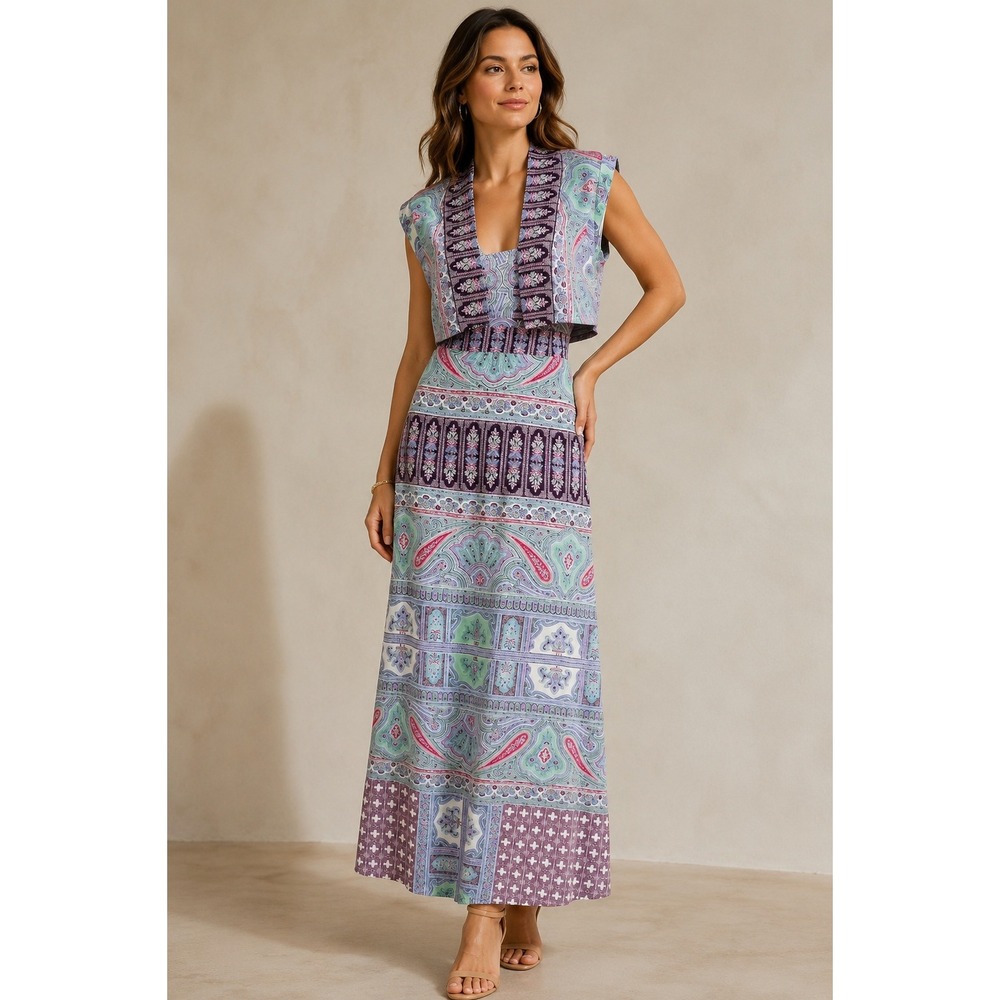 BCBGMAXAZRIA Maxi Kyla Plum Berry Boho Dress Women XS Multi Paisley Sleeveless